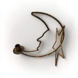RARE 90’s Celestial Taper Candle Holder Rustic 3D Metal Art Moon & Star Vintage